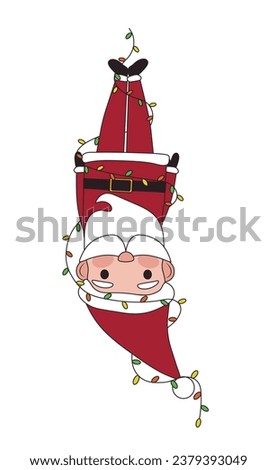 Hanging Santa Claus tied with Christmas garland on white backgro