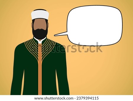 Muslim religious leader with empty speech bubble, vector illustration.