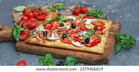 Tomatoes square pizza. Healthy food. Diet dish. Restaurant menu. 