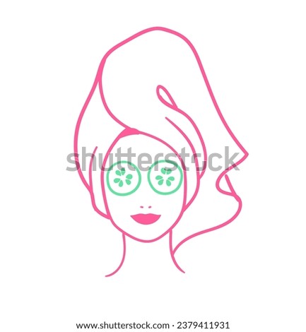 Vector illustration of woman head with hair towel and cucumber slices mask Royalty-Free Stock Photo #2379411931