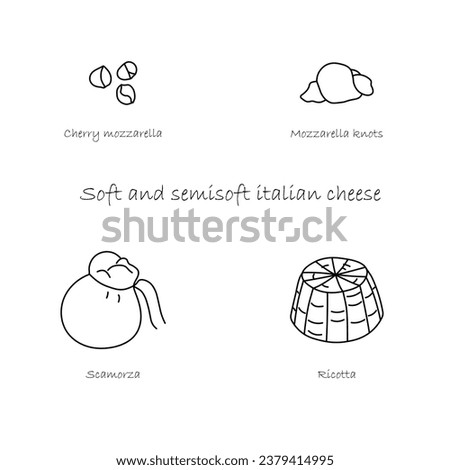 Italian cheese doodles icon. Cherry mozzarella, mozzarella knots, scamorza, ricotta. Editable stroke, eps 10. Royalty-Free Stock Photo #2379414995