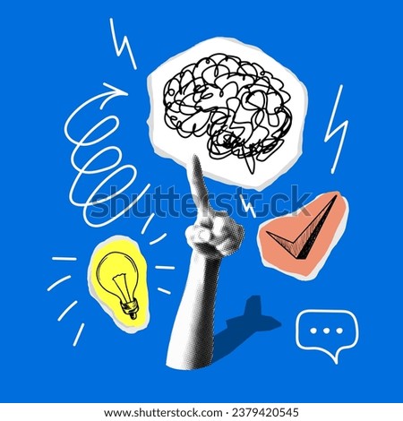 Pop art style collage. Halftone hand with index finger. Brain, lamp bulb, check mark sketches. Cut out newspaper elements. Modern design element. Idea, inspiration, marketing concept. Contemporary art