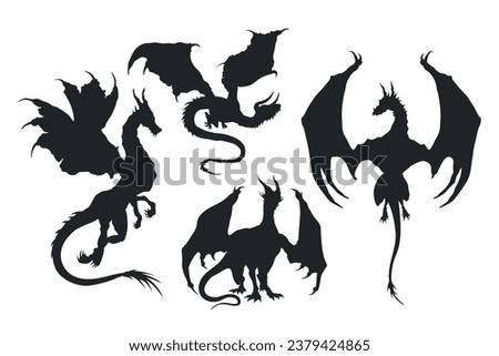 Isolated dragon silhouettes. Black drawing of fantasy monster. Medieval legendary reptiles. Fairytale clip art. Vector illustration