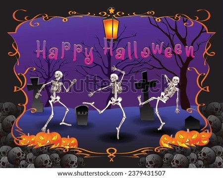 vector image of dancing skeletons with the inscription happy halloween in cartoon vintage style