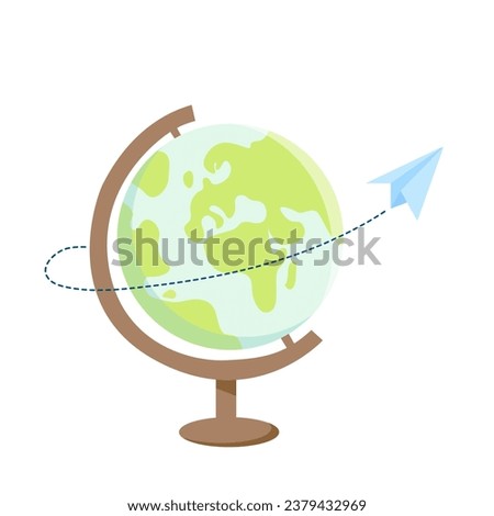 Globe in flat style with paper airplane, back to school element, travel clip art icon