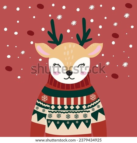 Cute deer in a Christmas sweater. Vector illustration. Christmas. For use on postcards, printing.