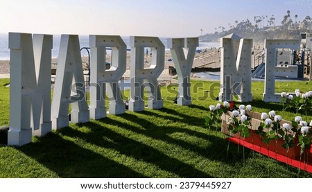 Oversized illuminated letters are props for a beach wedding proposal Royalty-Free Stock Photo #2379445927