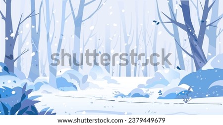 Winter forest view, outdoor recreation place. Winter Landscape with snow. Snowy background. Snowdrifts. Snowfall. Royalty-Free Stock Photo #2379449679
