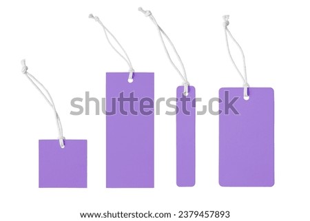 Various shape of blank purple paper label or cloth tag set isolated on white background. Price tag mockup template with copy space for brand, information. Shopping, sale concept, black friday sale.