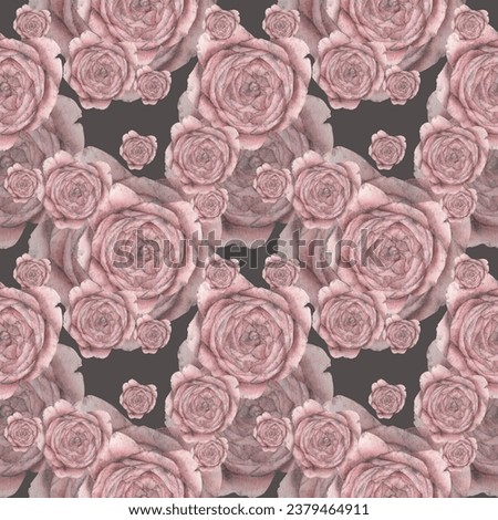 Seamless pattern of pink roses of different sizes on a dark gray background. Watercolor illustration. Template for packaging design, postcards, invitations, web design, wallpaper, printing, textiles