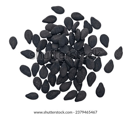 Pile of black sesame seeds isolated on white background, top view Royalty-Free Stock Photo #2379465467