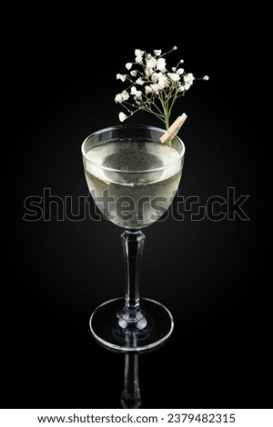 Alcoholic cocktail based on gin, sauvignon blanc, elderflower liqueur and violet aroma. Drink in a glass on a dark background with reflection