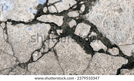 Fine cracks in the old cement floor and algae stains in the grooves.