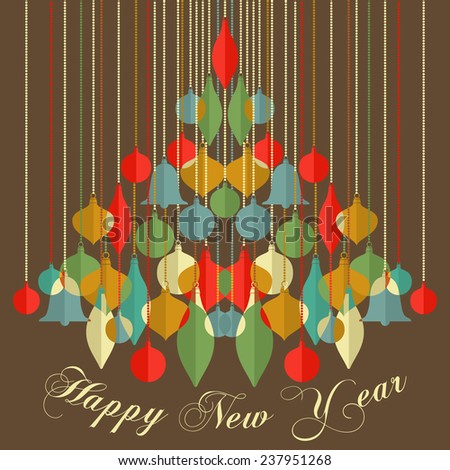 Merry Christmas and Happy New Year postcard.  Flat Design Card with Christmas toys. Colorful design. Vector illustration. 
