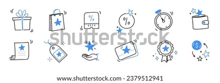 Doodle exclusive, benefit, reward loyalty coupon icon set. Hand drawn sketch style bonus card, loyalty program, vip member icon. Exclusive reward, discount program offer doodle. Vector illustration Royalty-Free Stock Photo #2379512941