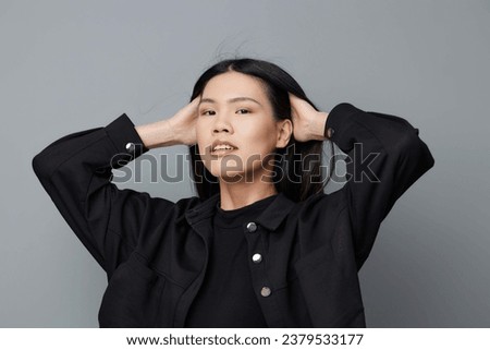 Beauty woman headshot portrait asian healthy face pretty grey beautiful girl fashion skin background smile