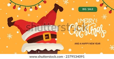 Merry Christmas and happy New Year Santa Claus character legs stuck in chimney Xmas holiday banner background. Greeting card, web poster template.  Christmas vector illustration in flat cartoon style Royalty-Free Stock Photo #2379534091