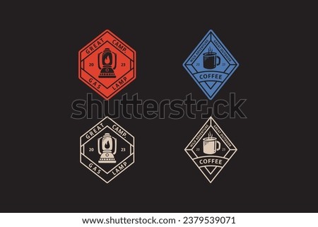 gas lamp and a cup of coffee badge logo vector collection for adventure and camping