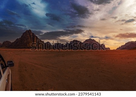 Safari through the Wadi Rum desert at sunset