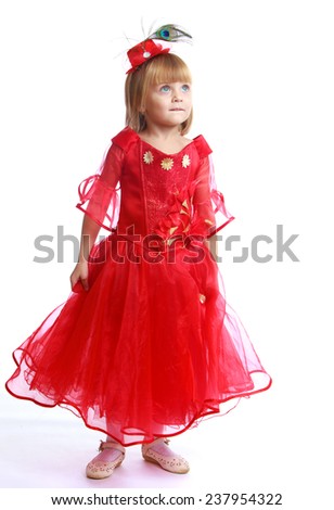 charming little girl in a long red dress.Isolated on white background.