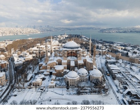 Blue Mosque (Sultanahmet Camii) and Sultanahmet Square in the Winter Season Drone Photo, Eminonu Fatih, Istanbul Turkey (Turkiye)
