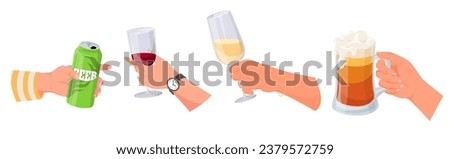 Male and female hands holding different alcohol drink glass isolated vector illustration set on white background. Human arms with beer pint mug and canned bottle, champagne and wineglass Royalty-Free Stock Photo #2379572759