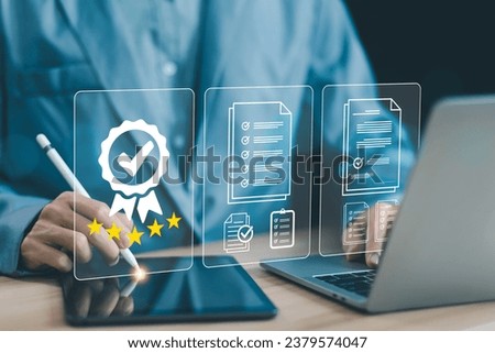 quality control, guarantee process. concept service system best certification check industrial. and certificate standard iso digital technology, service system business, and satisfaction customers. Royalty-Free Stock Photo #2379574047