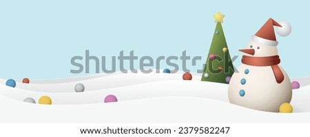 Snowman with decorated christmas tree in snow landscape at night geometric shapes 3D style vector illustration. Merry Christmas and happy new year greeting card template have blank space.