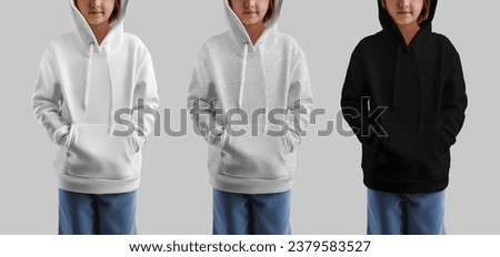 Mockup of white, heather, black hoodie for a girl, fashionable children's shirt, front view, isolated on background. A set of kid's apparel with a long sleeve. Sweatshirt template for design, print