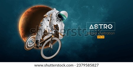 Abstract silhouette of a road bike racer, astronaut is riding on sport bicycle in space action and Earth, Mars, planets on the background of the space. Cycling sport transport. Vector illustration Royalty-Free Stock Photo #2379585827