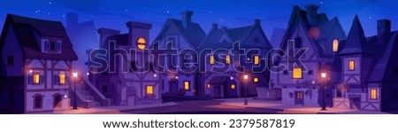 Building in night old medieval germany town street. European ancient city or village landscape with road and mysterious streetlight. Historical cottage exterior and german environment illustration Royalty-Free Stock Photo #2379587819