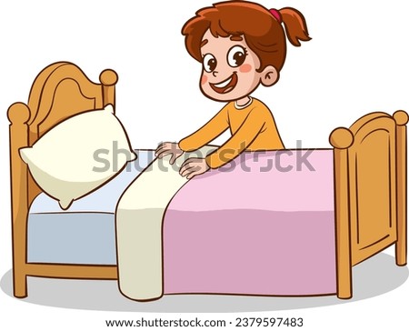 Happy little children doing housework cleaning.child making bed. Royalty-Free Stock Photo #2379597483