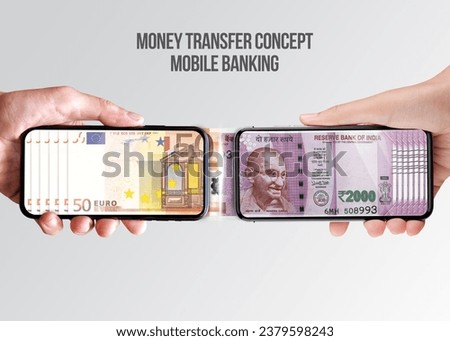 Online money transfer concept Euro to India Currency mobile banking Royalty-Free Stock Photo #2379598243