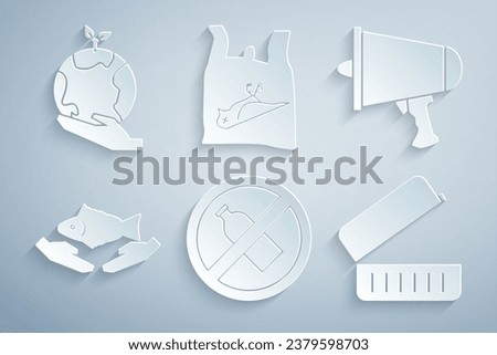 Set No plastic bottle, Spread the word, megaphone, Fish care, Lunch box, Dead bird, and Hand holding Earth globe icon. Vector