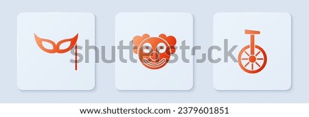 Set Clown head, Festive mask and Unicycle or one wheel bicycle. White square button. Vector
