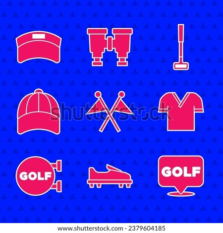 Set Golf flag, shoe, label, shirt, sport club, Baseball cap,  and Sun visor icon. Vector