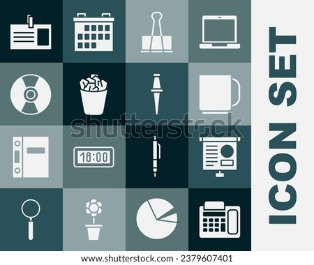 Set Telephone, Chalkboard with diagram, Coffee cup, Binder clip, Full trash can, CD or DVD disk, Identification badge and Push pin icon. Vector