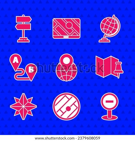 Set Location on the globe, Folded map with location, Stop sign, push pin, Wind rose, Route, Earth and Road traffic icon. Vector