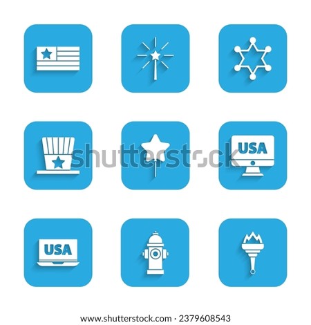 Set Balloon, Fire hydrant, Torch flame, USA monitor, laptop, Patriotic American hat, Hexagram sheriff and flag icon. Vector