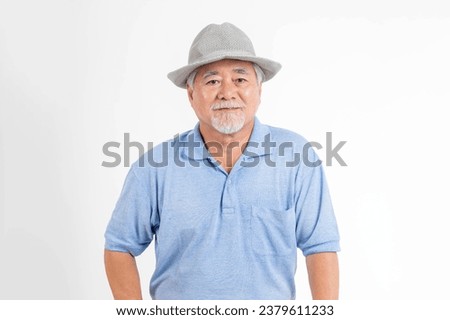 Portrait Asian senior man , old man , feel happy good health wearing a hat isolated on white background - lifestyle senior male concept