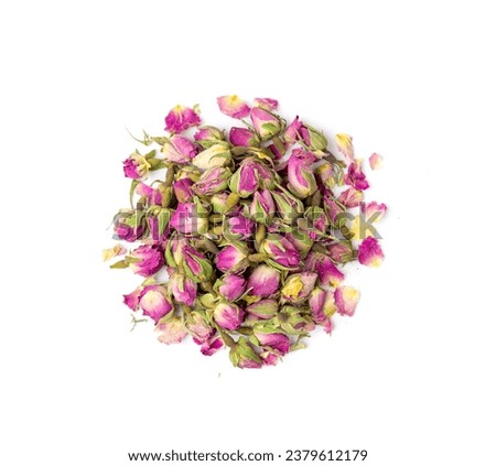 Dry Rose Buds, Roses Petals for Pink Flower Tea, Dried Persian Rosebuds, Rose Buds Textured Flowers Isolated on White Background Royalty-Free Stock Photo #2379612179