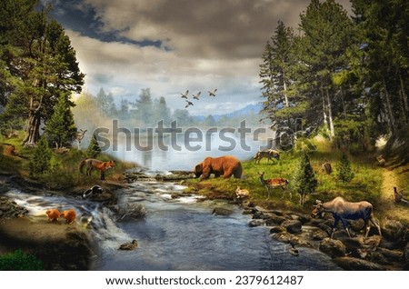 Animals ecosystem beautiful landscape wild forest by the creek (illustration of a fictional situation)  Royalty-Free Stock Photo #2379612487