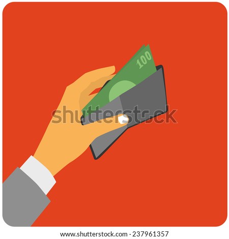 Hand and wallet. Flat design style illustration. 