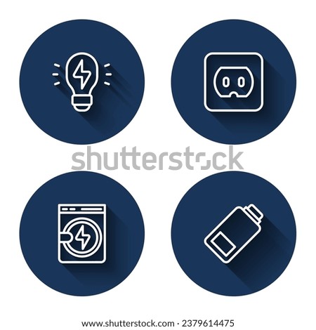 Set line Creative lamp light idea, Electrical outlet, Washer and Battery charge with long shadow. Blue circle button. Vector