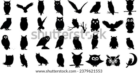 Owl silhouettes vector illustration Set, perfect for Halloween, nature, bird-themed designs. Black owls in various poses - flying, perching, sitting, standing. Spooky night setting with moon