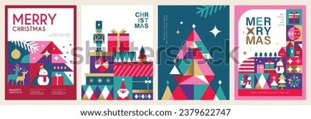 Set of Merry Christmas and Happy New Year 2024 vector illustration for greeting cards, posters, holiday covers in modern minimalist geometric style.