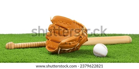 Baseball bat, ball and catcher's mitt on artificial grass against white background