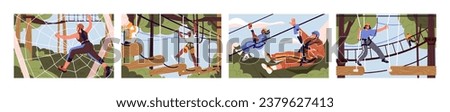 Rope park with zip line, obstacle course set. People climb on trees, overcome challenges. Summer recreation, extreme entertainment, adventure playground. Active lifestyle. Flat vector illustration Royalty-Free Stock Photo #2379627413