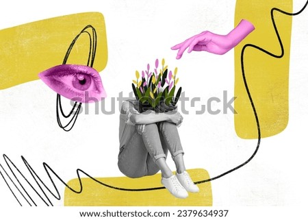 Collage 3d pinup pop retro sketch image of stressed depressed lady growing flowers instead head isolated painting background