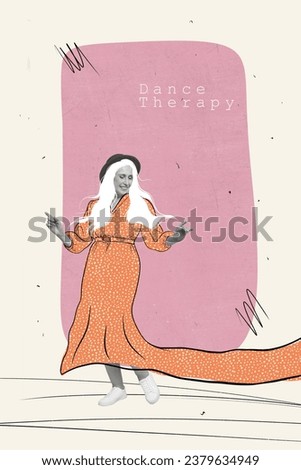Collage artwork picture of positive cheerful smiling retired lady have fun and good mood isolated on painted background